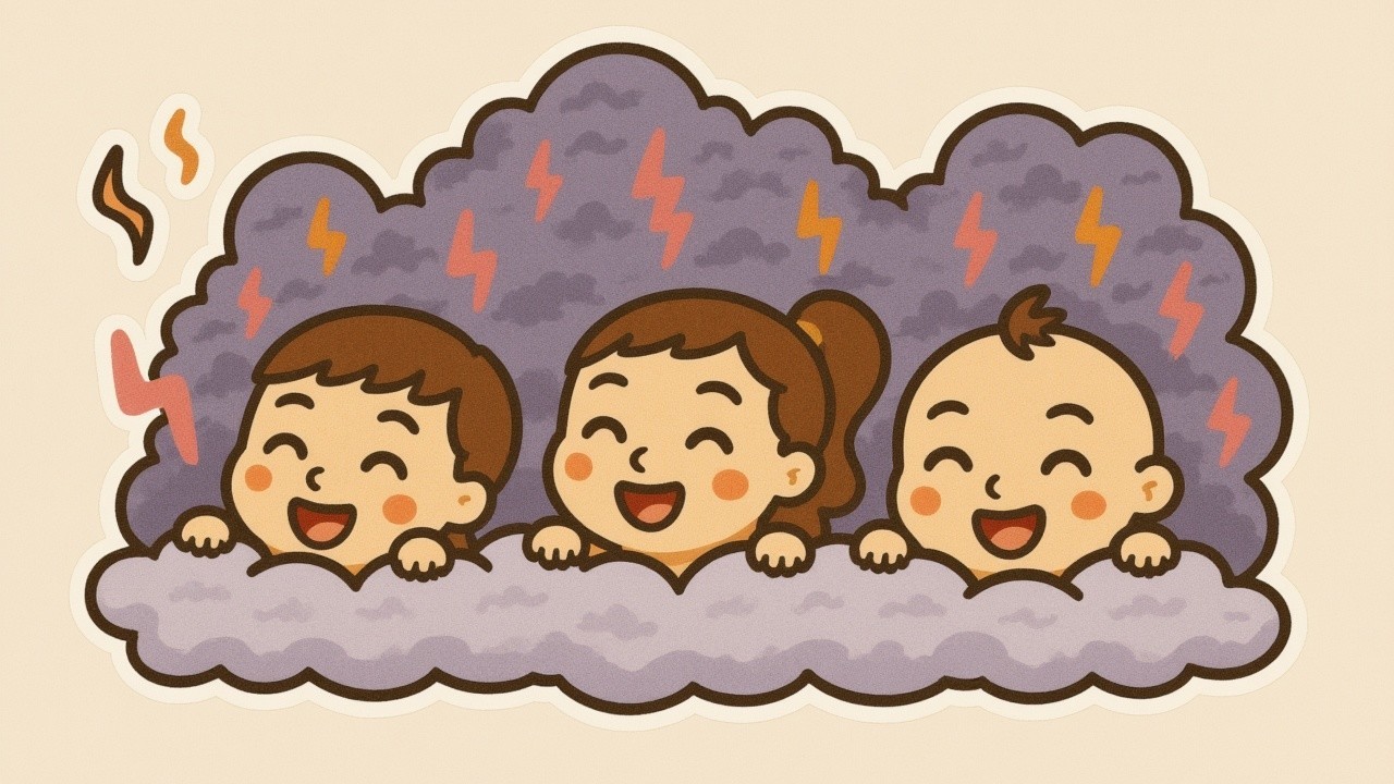 Cartoon Children Playfully Peeking from Purple Clouds