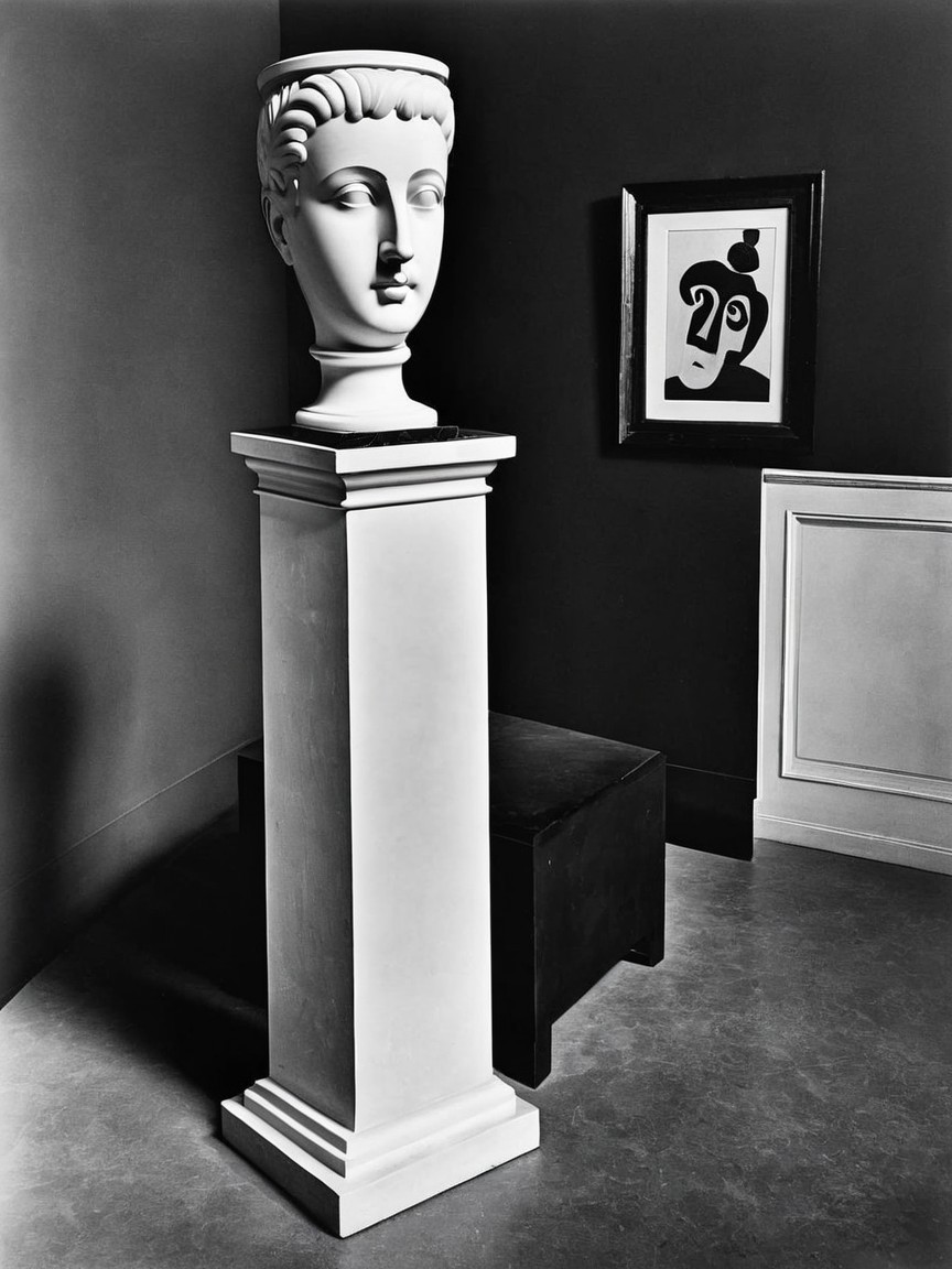 Classical Bust on White Pedestal with Abstract Artwork