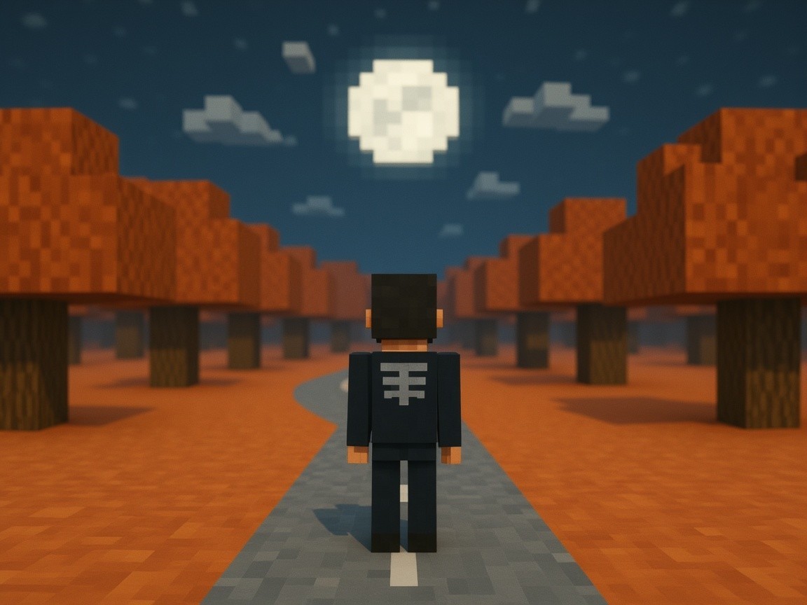 Minecraft-Inspired Landscape with Skeletal Character