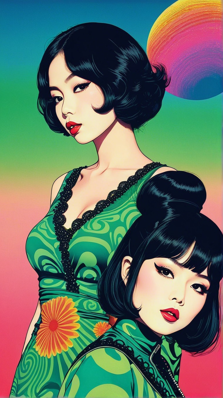 Stylish Women in Green Outfits with Vibrant Background