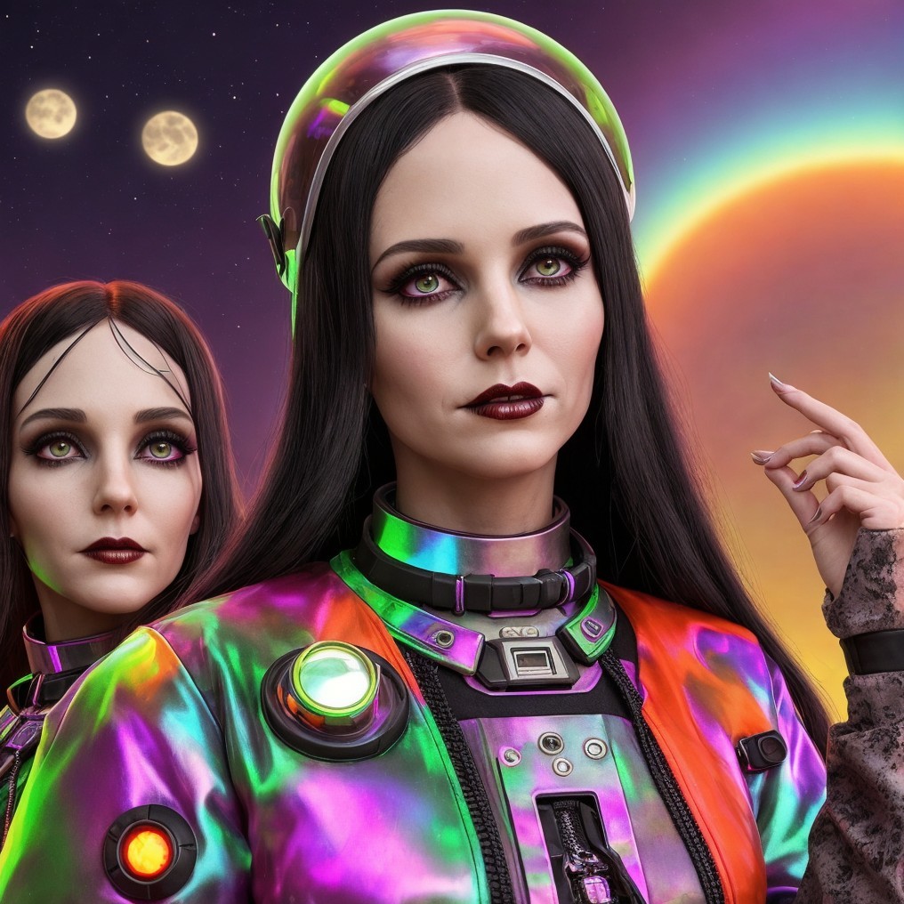 Futuristic Figures Against Cosmic Colorful Backdrop