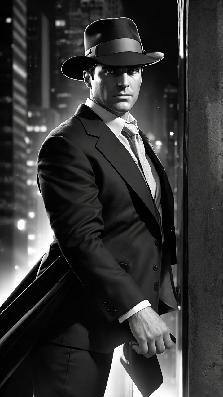 Classic Suit and Fedora Against City Backdrop