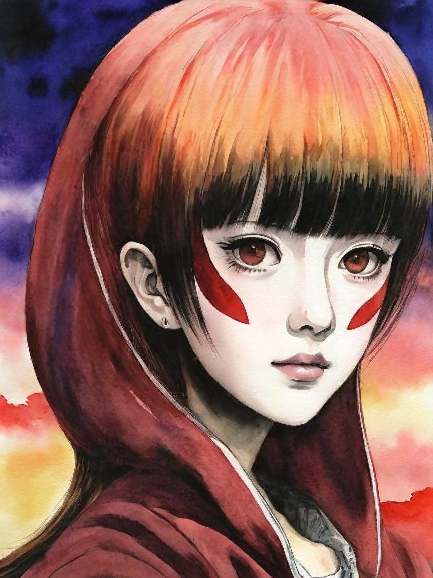 Portrait of a girl with gradient orange to black hair