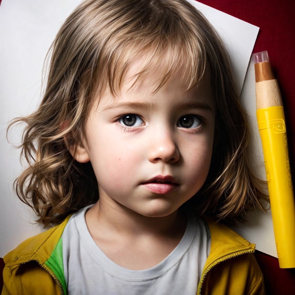 Close-up of a child and yellow crayon on paper