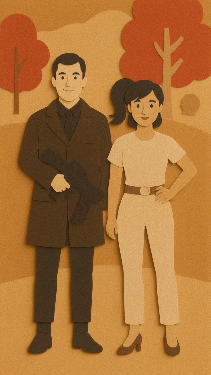 Stylized Paper-Cut Figures in Autumn Landscape