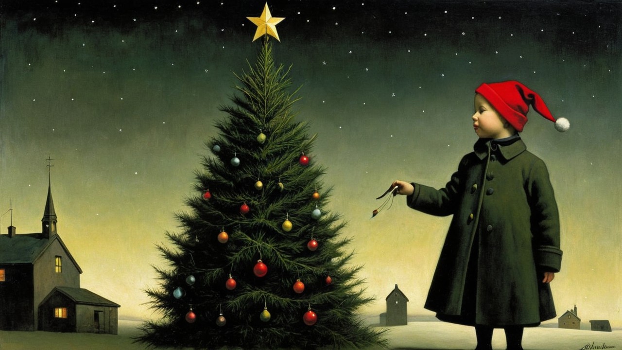 Child with Lights by Christmas Tree in Village Night