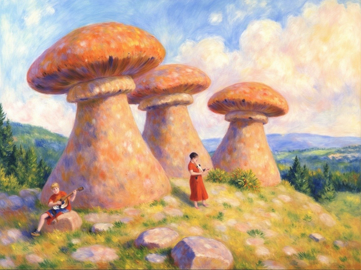 Mushroom Formations in a Lush, Serene Landscape