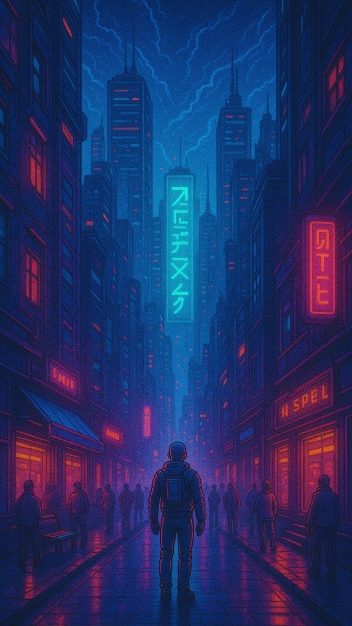 Futuristic neon cityscape with astronaut figure and crowds