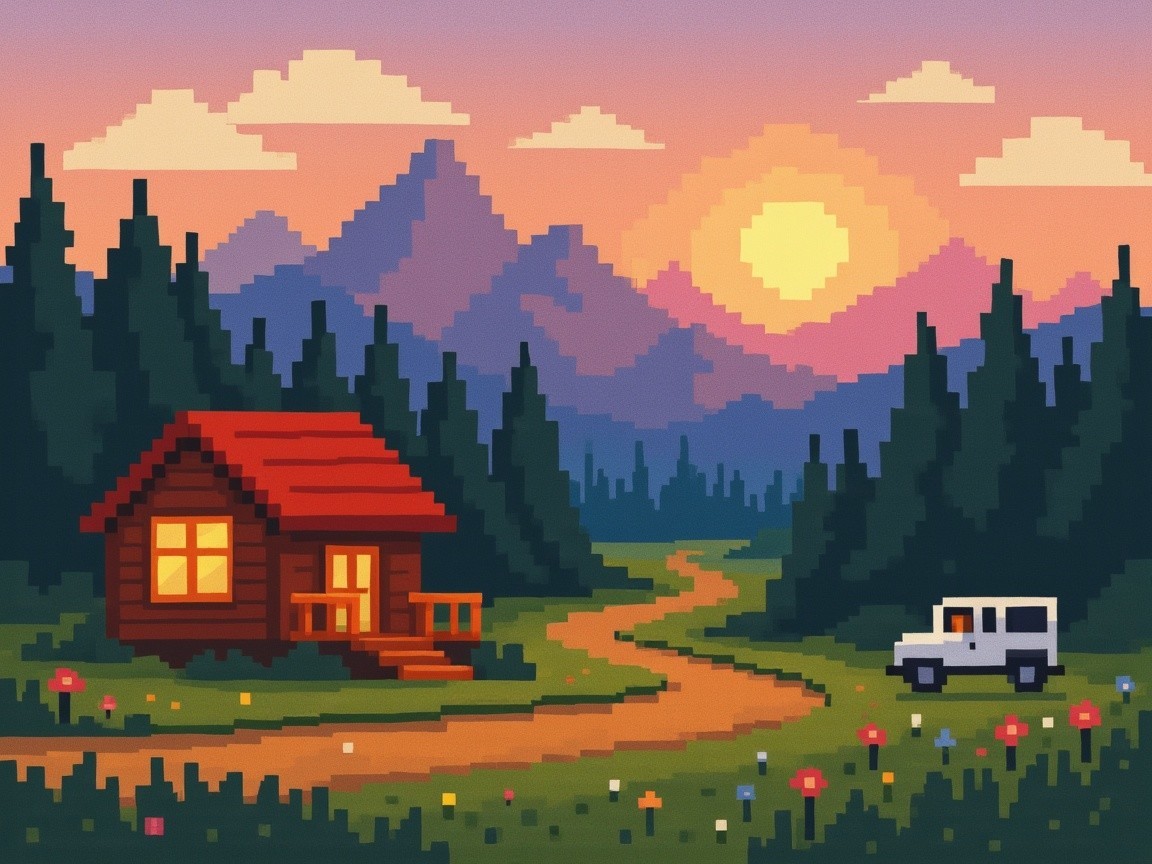 Cozy Cabin Scene with Mountains and Evergreen Trees