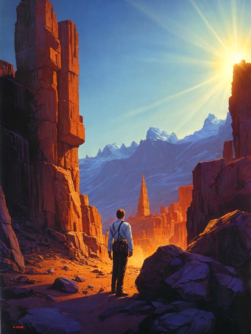 Man at Rocky Canyon Overlooking Golden Mountains