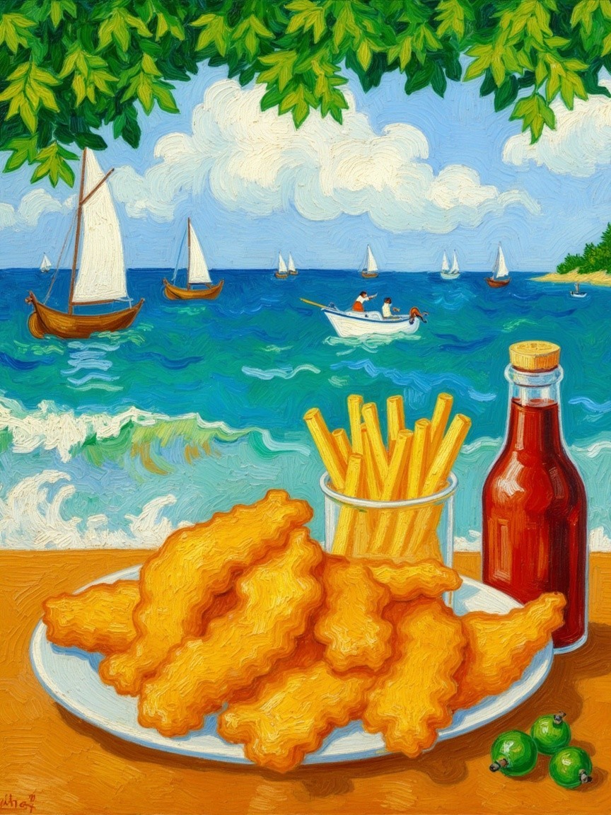Crispy Fish and Chips by a Scenic Seaside View