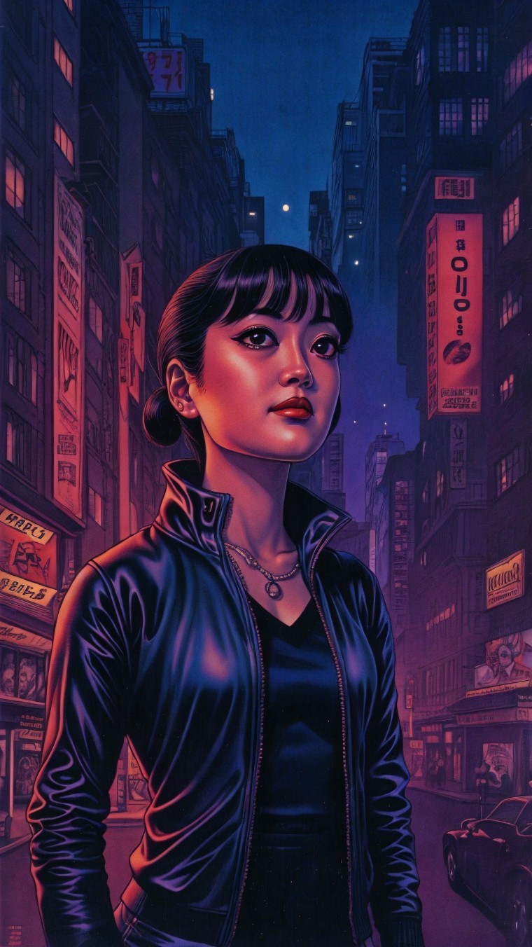 Young Woman in Futuristic Urban Setting at Dusk