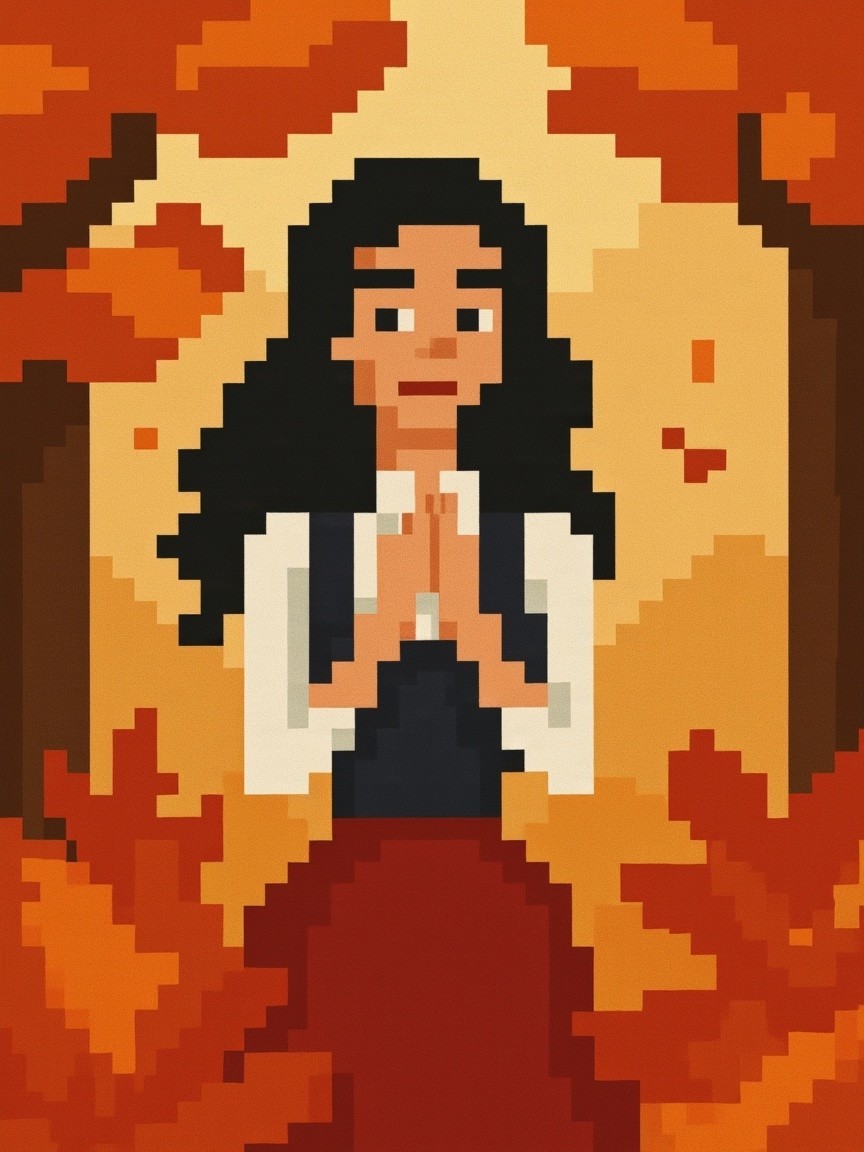 Pixel Art of Woman in Autumn Leaves Scene