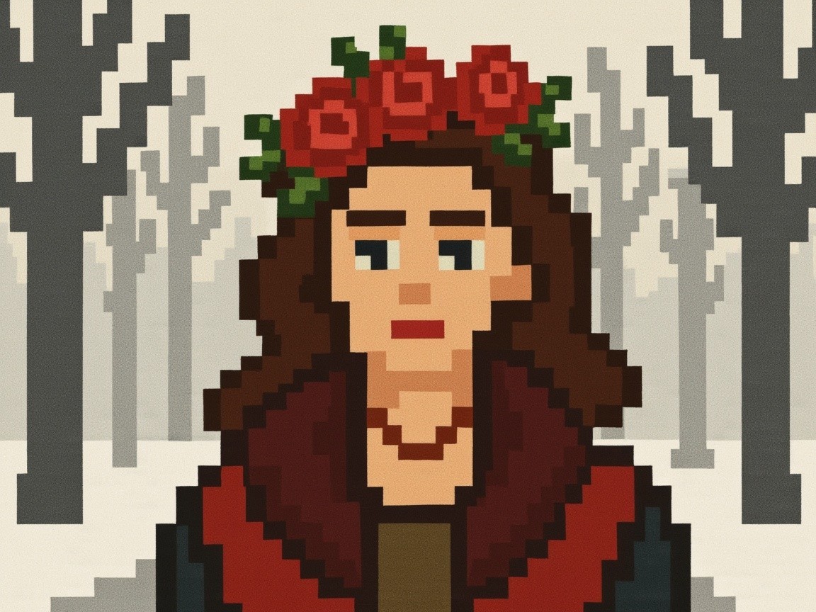 Pixel Art Portrait of a Woman in Winter Landscape