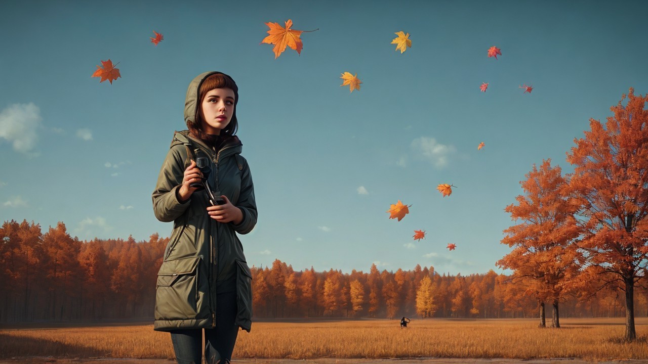 Young girl in autumn landscape with camera and leaves