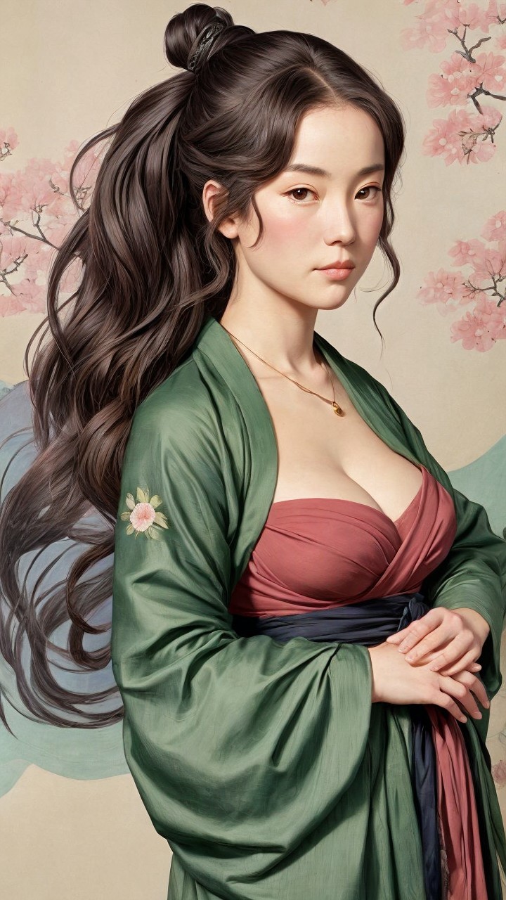 Woman in green kimono with cherry blossoms backdrop