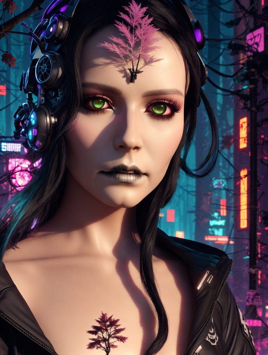 Futuristic character with green eyes in neon cityscape