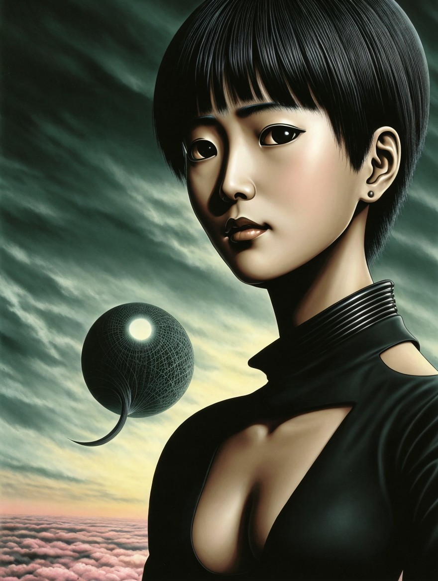 Young Woman in Stylish Black Outfit with Abstract Background