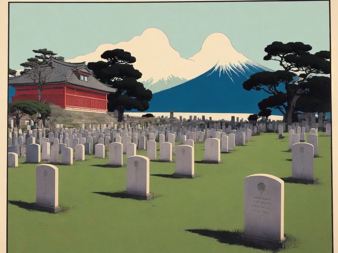 Serene Landscape with Graveyard and Majestic Mountains