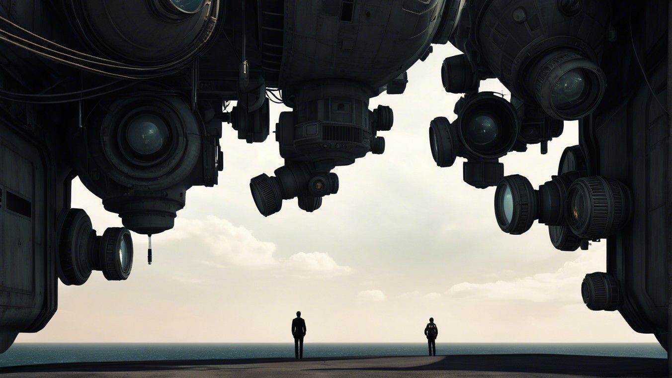 Silhouetted Figures in Front of Futuristic Structures