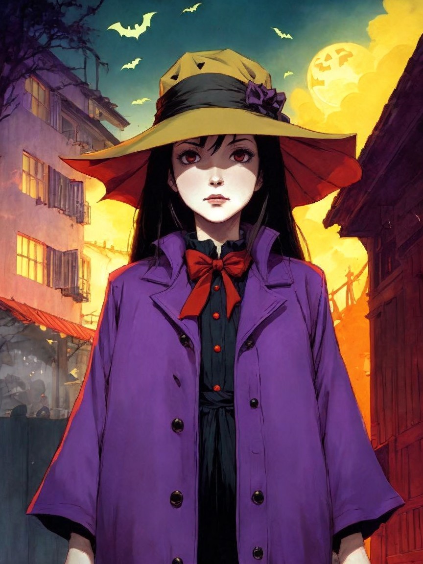 Mysterious Figure in Vibrant Setting with Moon and Bats