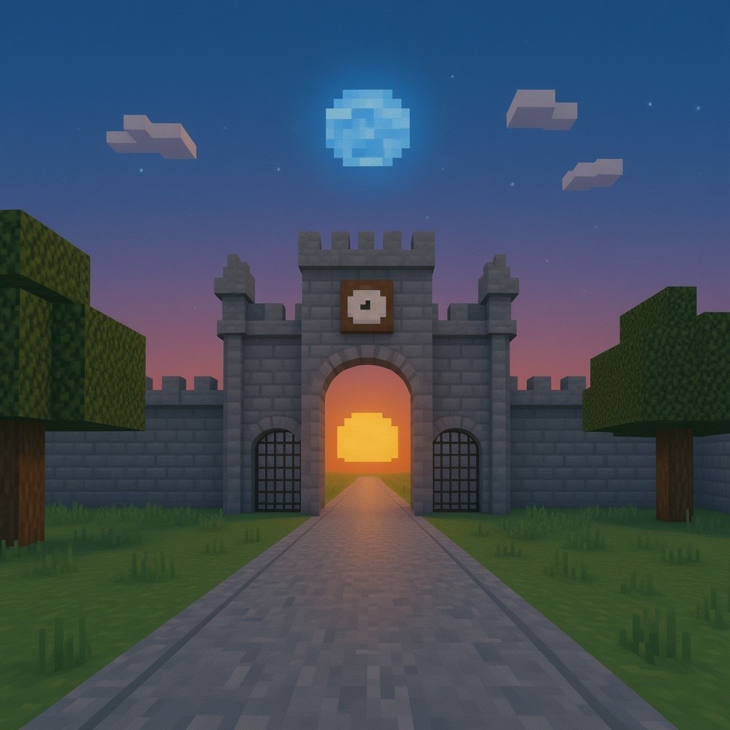 Pixelated Castle Gate at Sunset with Clock and Trees