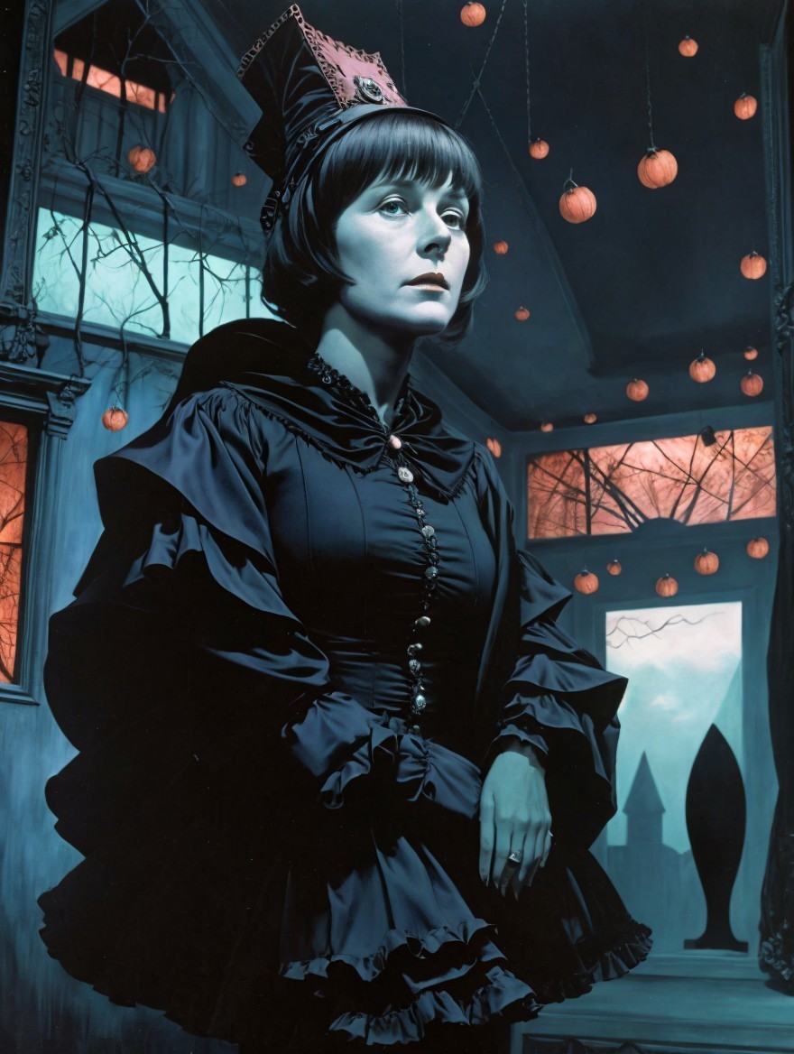 Woman in Black Gown with Dramatic Headpiece in Dim Room