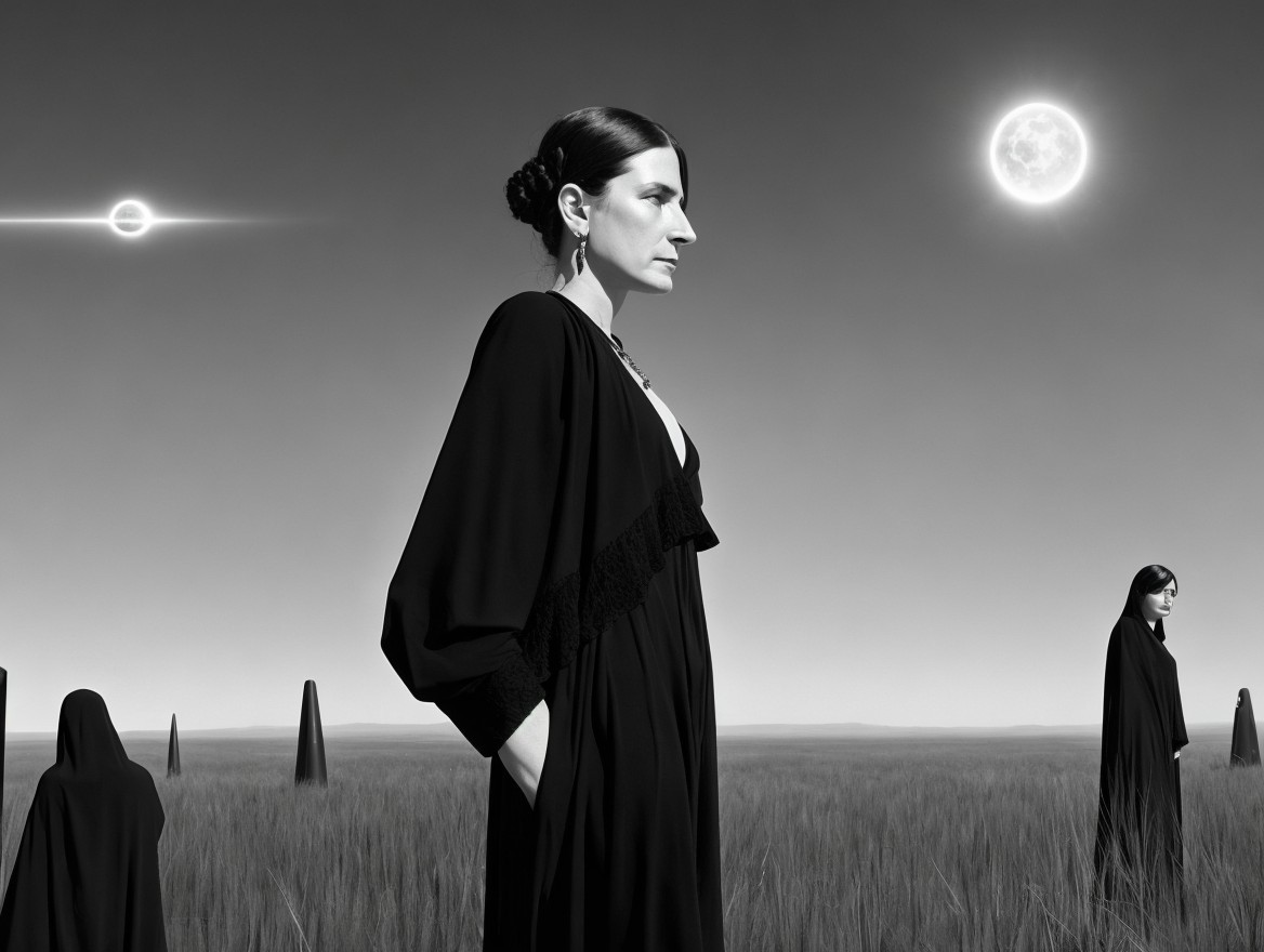 Surreal Black-and-White Landscape with Poised Woman