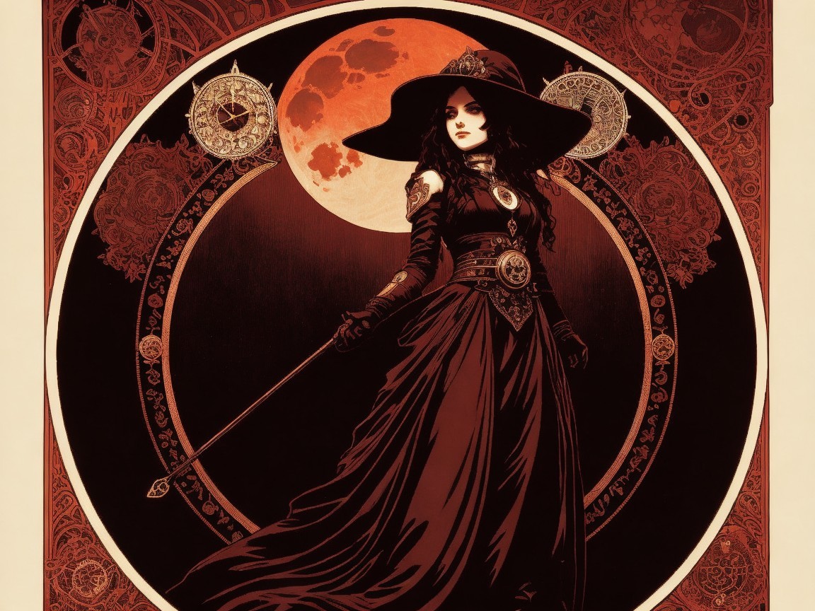 Mystical Figure in Dark Gown Under Blood-Red Moon