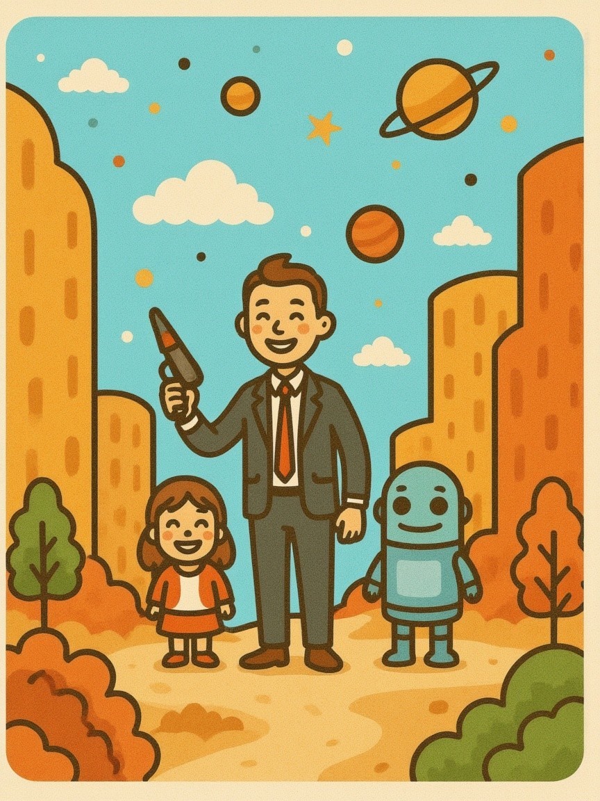 Whimsical Illustration of a Man, Girl, and Robot