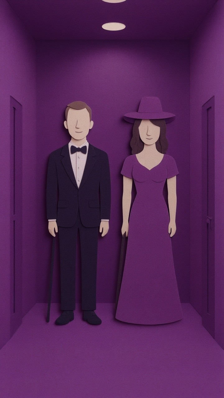 Stylized Couple in Purple Corridor with Elegant Attire