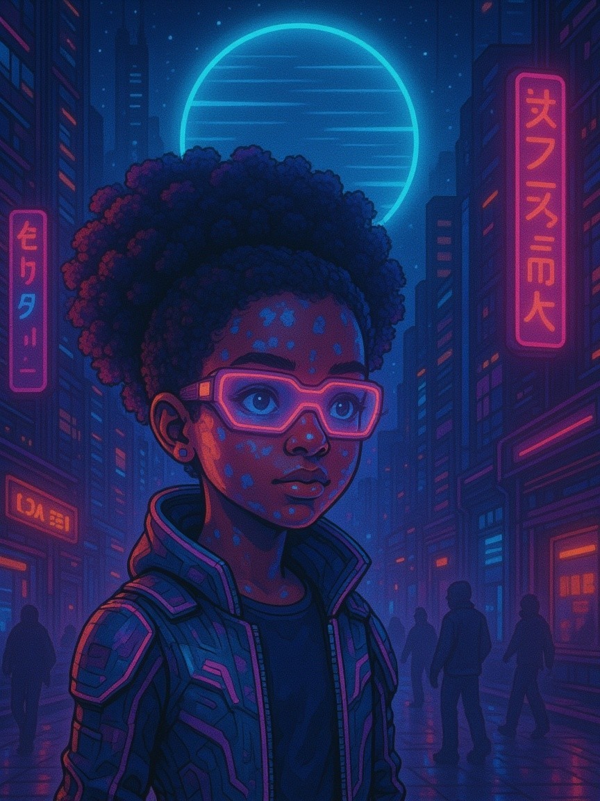 Vibrant Neon Cityscape with Confident Girl and Moon