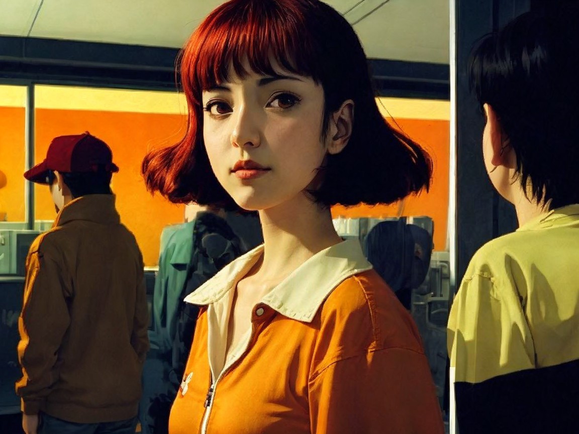 Young woman with red bob hairstyle in orange jacket