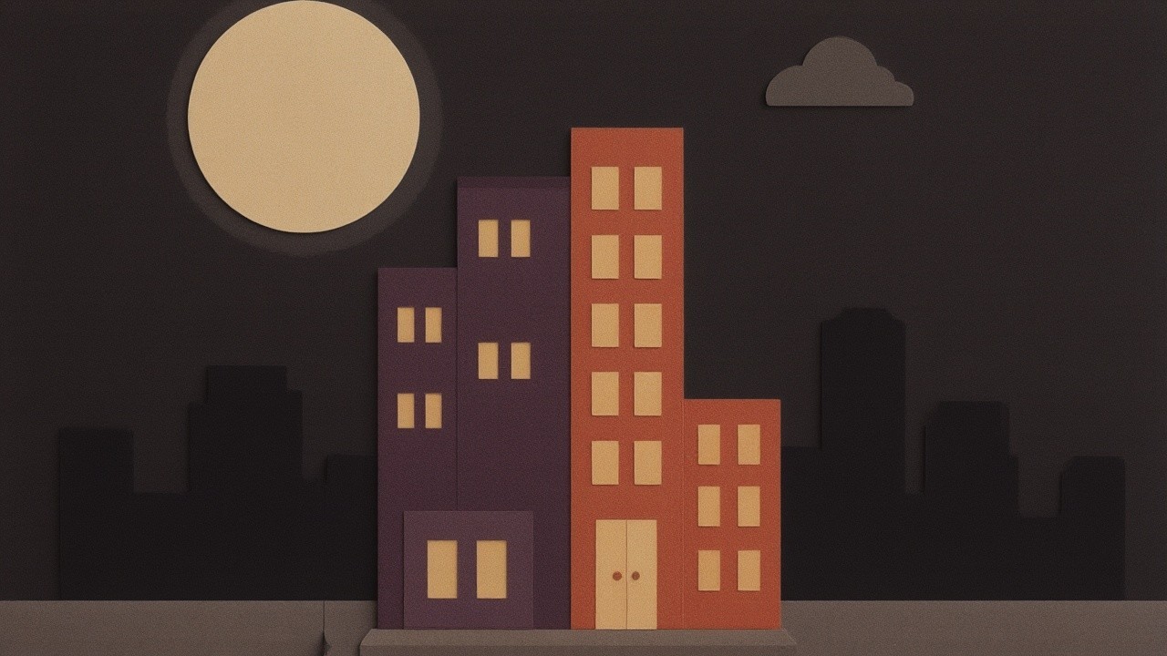 Colorful Paper Cityscape at Night with Moon and Clouds