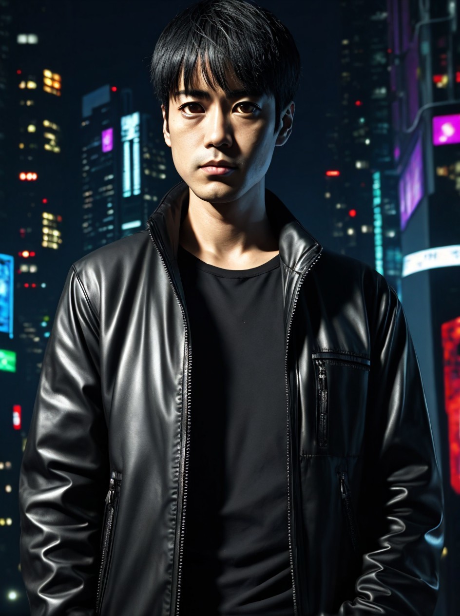 Young man in leather jacket against neon city skyline