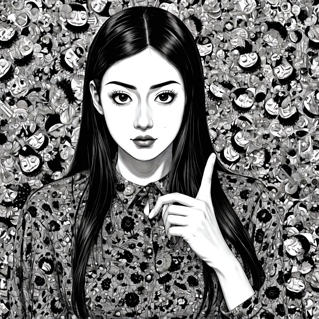 Black and White Illustration of East Asian Woman
