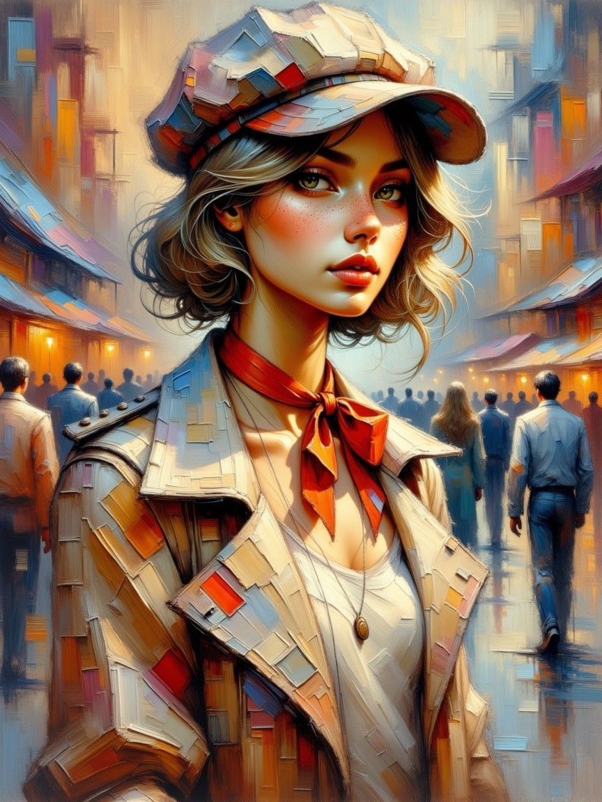 Stylish Young Woman in Bustling Street Scene