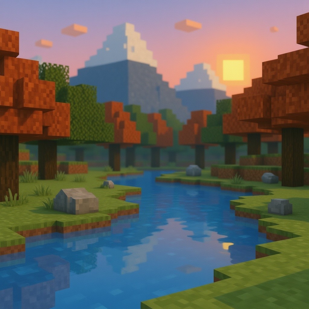Serene Minecraft Landscape with Orange Trees and Sunset