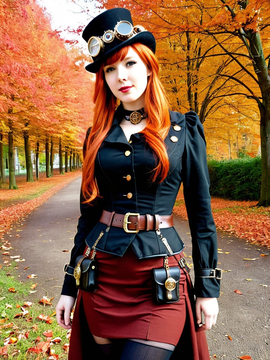 Woman in Steampunk Outfit on Autumn Pathway