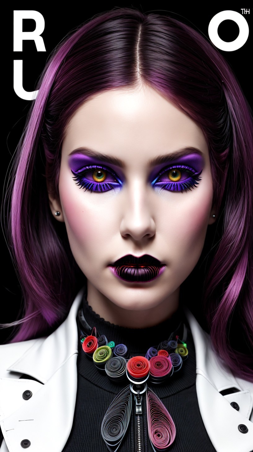 Portrait of a Woman with Purple Hair and Dramatic Makeup