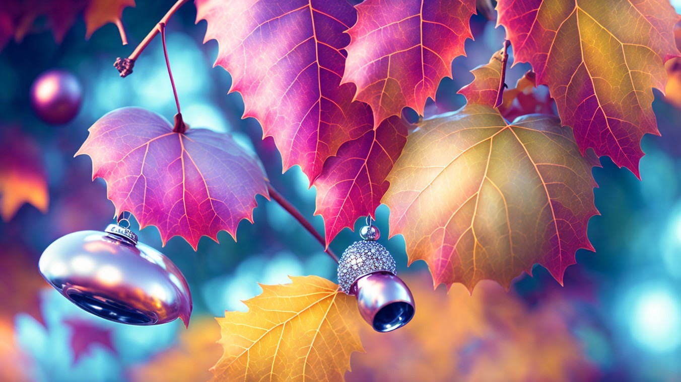 Close-Up of Autumn Leaves with Decorative Ornaments