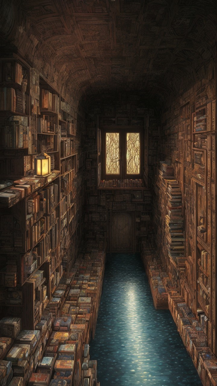 Dimly Lit Library Corridor with Towering Bookshelves