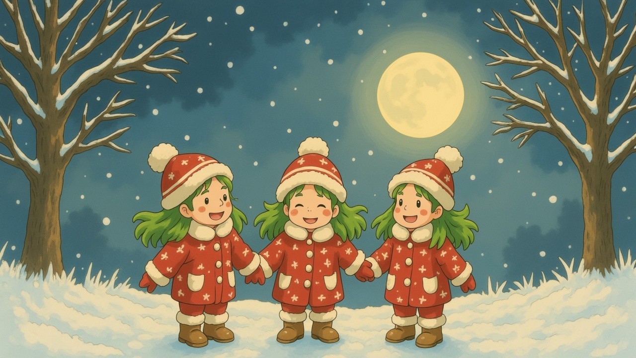 Children in Red Coats in a Snowy Winter Landscape