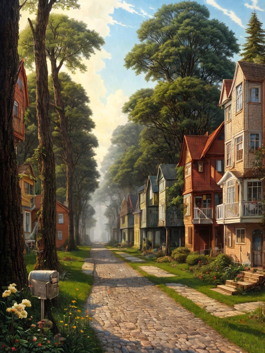 Charming Early Morning Street with Colorful Houses