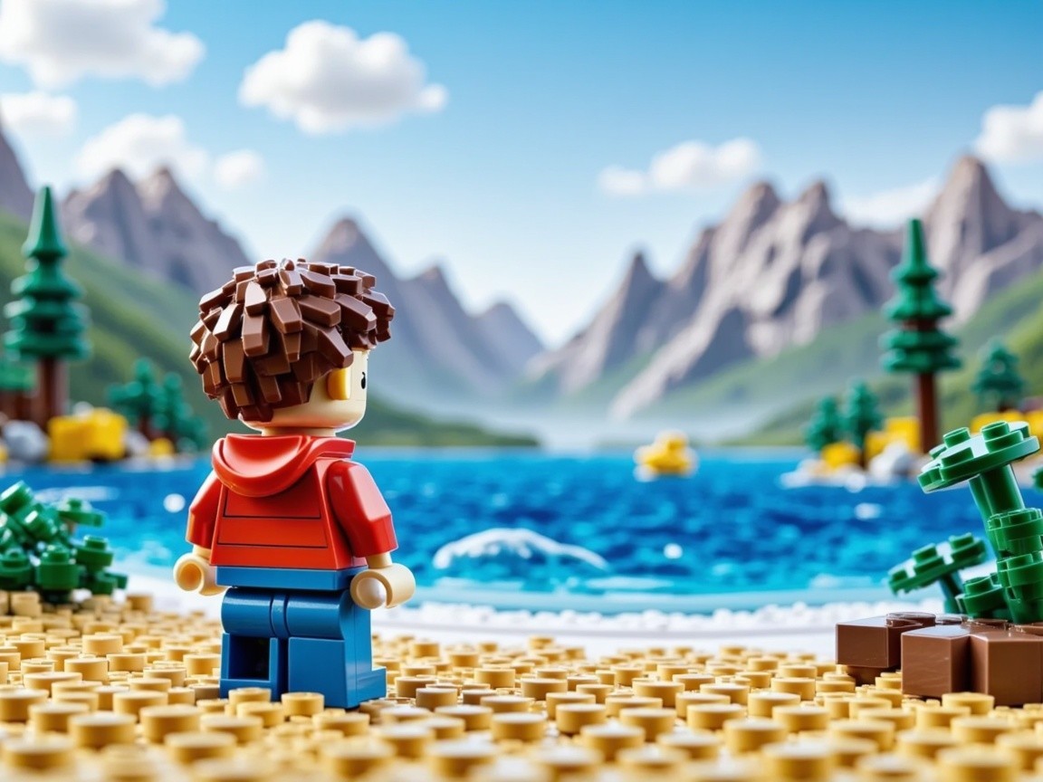 Lego Figure on Beach by Blue Lake and Mountains