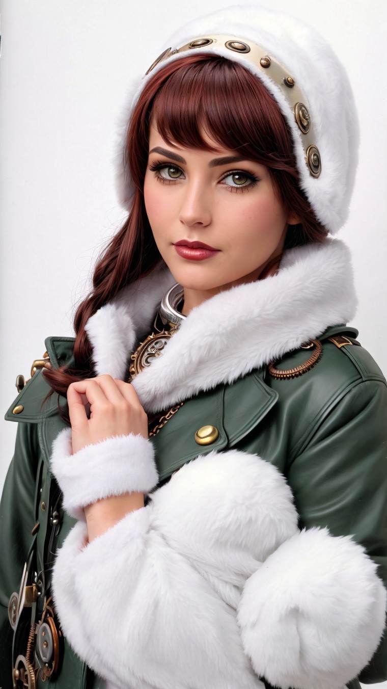 Stylish Young Woman in Green Leather Jacket and Fur Hat