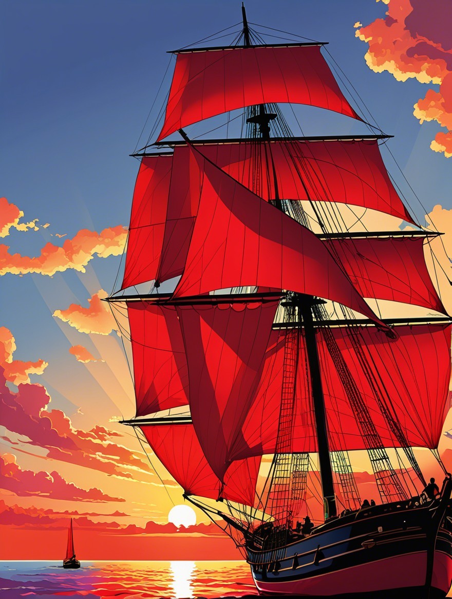 Tall Ship with Red Sails on Serene Sunset Ocean