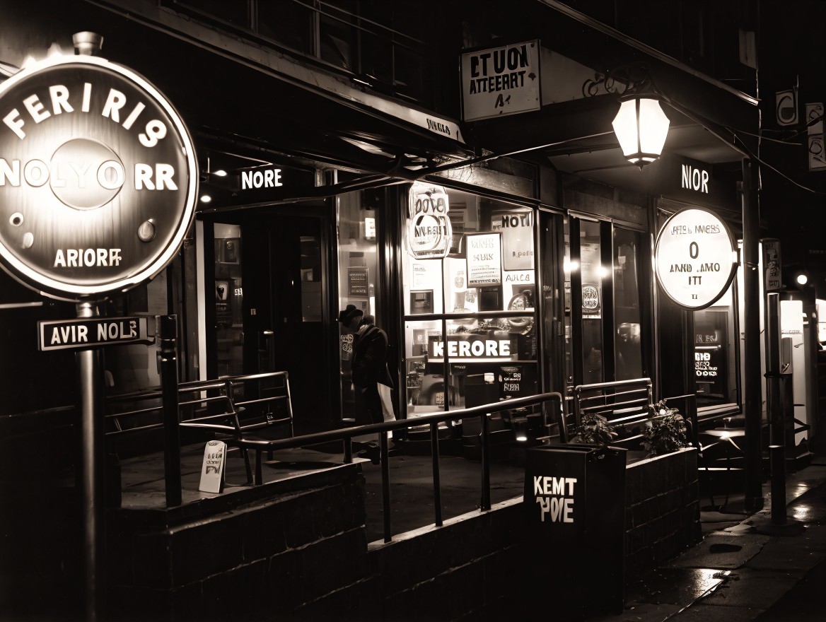 Vintage Black-and-White Night Street Scene with Signs