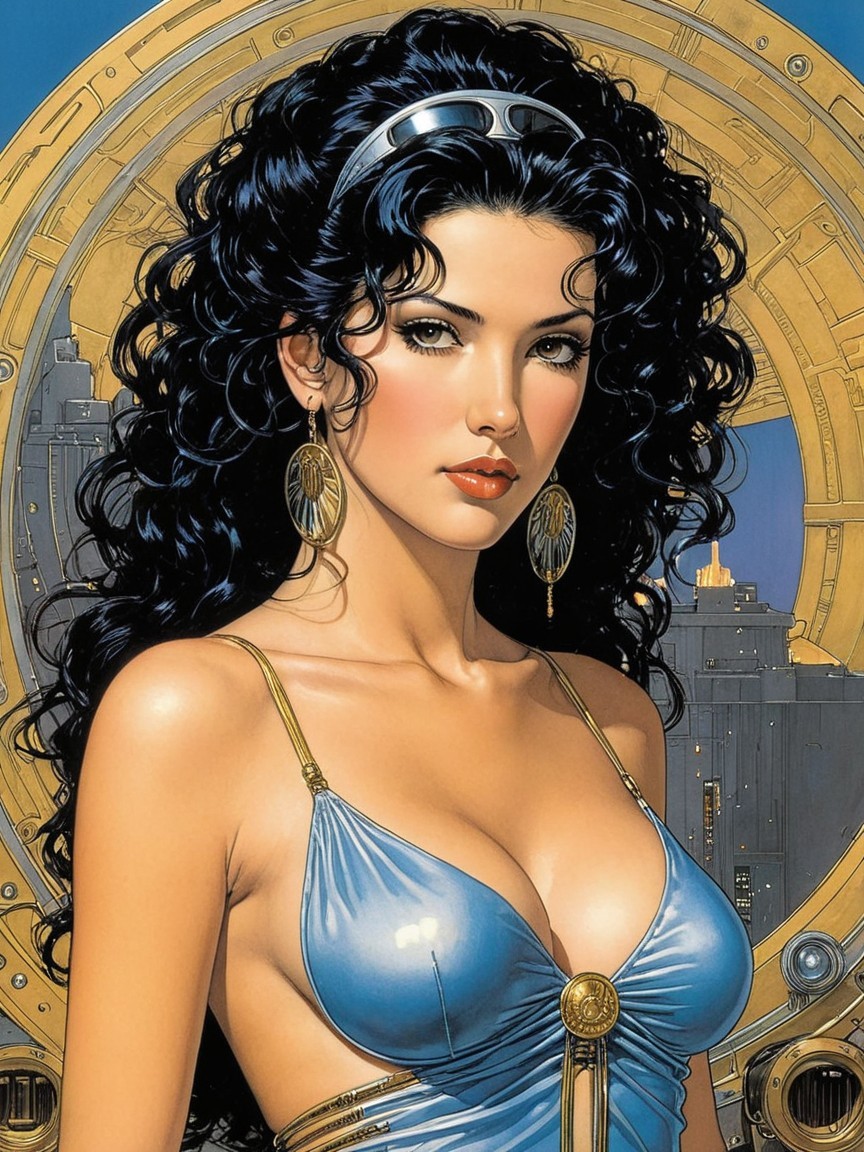 Striking Woman in Blue Dress with Curly Black Hair