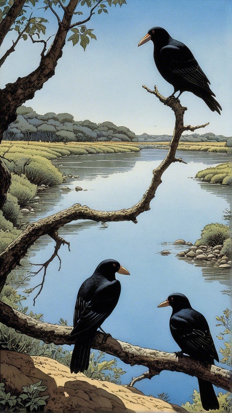 Three Black Birds on a Branch by a Calm River